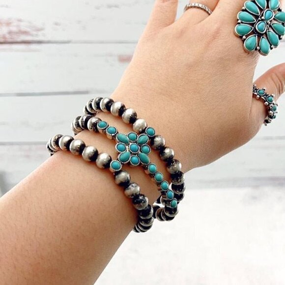 Turquoise Semi Stone Cross Navajo Pearl Stretch Triple Row Silver Bracelet - Picture 2 of 3
